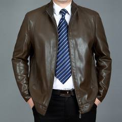 New old dad leather collar male business casual leather jacket size thick leather coat lapel 170/M 1501 Khaki Green [single leather]