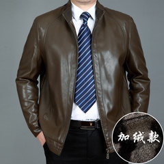 New old dad leather collar male business casual leather jacket size thick leather coat lapel 170/M 1501 Khaki Green [cashmere thickening]