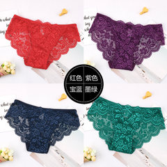 4 pack sexy lace female waist seamless cotton crotch thin hot hollow transparent briefs head size L:90-130 Jin Red + Blue + Green + Purple