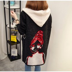 Size 2017 new Korean winter hooded long section of loose mm fat thin jacquard cardigan sweater coat female All stores support 15 days no reason to return Black + white