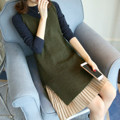 Autumn and winter large size women sweater dress suit vest Sweater Dress + mm fat fat sister stitching two piece Large size XL (120-140 Jin) Two pieces of military green (same belt for model)