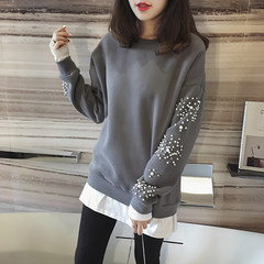 Large size mm2017 new sweater female fat plump skinny in the long loose 200 pounds of Korean Beaded top tide M gray