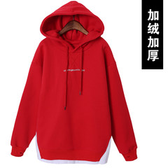 Large size sweater female fat mm2017 new autumn Korean loose add fertilizer XL Plus velvet hooded 200 Jin Chao M [suggestion 90-100 Jin] Red (with velvet)