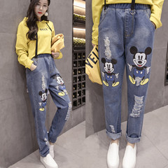 2017 autumn and winter new code stretch jeans female Haren pants fat mm plus Velvet Pants skinny significantly thickened Large code XL [115-130] 1890 cartoon prints