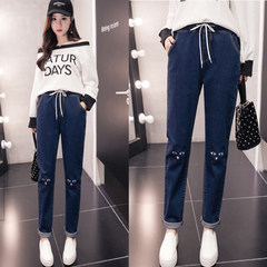 2017 autumn and winter new code stretch jeans female Haren pants fat mm plus Velvet Pants skinny significantly thickened Large code XL [115-130] 1915 dark blue