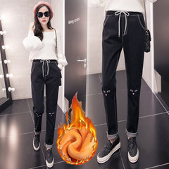 2017 autumn and winter new code stretch jeans female Haren pants fat mm plus Velvet Pants skinny significantly thickened Large code XL [115-130] 1915 Black Cashmere thickening