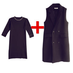 Large size women vest dress coat suit in autumn fat MM new long vest two piece suit jacket. XL [120 Jin /140 Jin] Black set