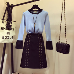 Large size autumn female western style suit mm2017 new belly meat fat cover Tibet knitted sweater skirt two piece M code [90-100 Jin] Sky blue + Black