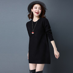 Large size women fat mm autumn add fertilizer increased in the long section of solid loose thin sweater knitted backing S black