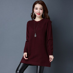 Large size women fat mm autumn add fertilizer increased in the long section of solid loose thin sweater knitted backing S Red wine
