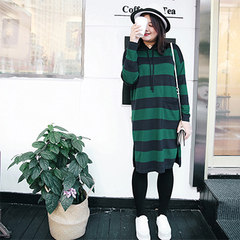 [a] you pose special offer Xi fat mm stripes large size women in Korean hooded long knitting dress 5525 XL spot (for 130-160 Jin) Green.