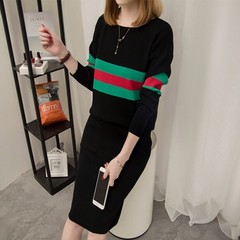 Autumn and winter large size women skirt suit western style knitted pullover dress fat mm two sets of 200 pounds M [80-90 Jin] black