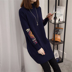 Large size women fat mm2017 winter sweater girl 200 pounds of fat sister in the long section of knitted dress shirt XXL [145~170 Jin] Tibet Navy