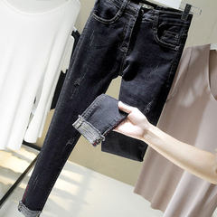 High waisted jeans code plus velvet fat mm autumn trousers jeans stretch pants feet 200 pounds of fat sister Big code 2XL [140-150 Jin] T-410 picture color