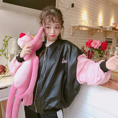 Korean version of the ulzzang source of winter wind Pu female quilted leather coat thickened Pink Panther baseball uniform loose woman F Pink [cotton thickening cash spot]