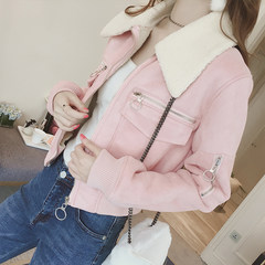 Autumn style new 2017bf wind thickening hair collar suede coat short sleeve long Korean women's slim and suede jacket M Pink