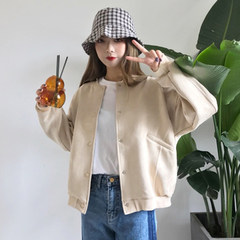 Hitz Korean loose thin suede stitching long sleeved jacket coat all-match baseball uniform female students F Apricot