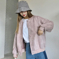 Hitz Korean loose thin suede stitching long sleeved jacket coat all-match baseball uniform female students F Pink