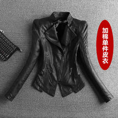 2017 spring new Korean Slim Slim small leather female Pu short thick leather motorcycle jacket coat all-match 3XL [124-133 Jin] Black cotton