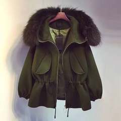 In large size women fat fat sister MM loose thin elastic waist big Fur Hoodie padded jacket Large code XL green
