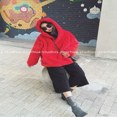 Warm fluffy head with velvet thickened in the long hooded faux fur coat loose and long sleeve sweater female winter Big code [for everyday wear L/XL] Christmas red (thickened)