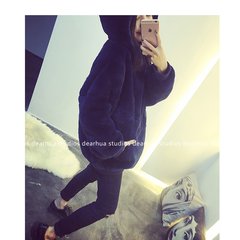 Warm fluffy head with velvet thickened in the long hooded faux fur coat loose and long sleeve sweater female winter Big code [for everyday wear L/XL] Deep sea blue (thickened)