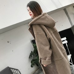 The winter lamb fur coat female fur suede thickened knee loose hooded long paragraph padded XS Khaki grey