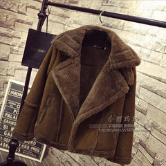 The winter season lamb wool Suede Jacket Womens motorcycle short size slim cashmere padded with thickened 3XL Coffee