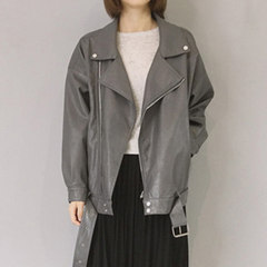 2017 new Korean female biker jacket all-match loose thin BF PU matte leather jacket coat lapel wind tide F gray