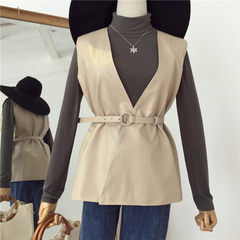 The new version of pure all-match fall waist V collar sleeveless PU Leather Vest Jacket female two piece taken separately F 8815 apricot vest (belt)
