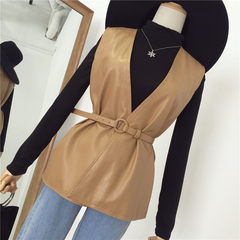 The new version of pure all-match fall waist V collar sleeveless PU Leather Vest Jacket female two piece taken separately F 8815 vest color (with belt)