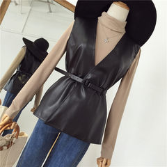 The new version of pure all-match fall waist V collar sleeveless PU Leather Vest Jacket female two piece taken separately F 8815 Vest black (with belt)