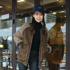 Korean Harajuku BF wind suede short thick loose all-match lamb wool coat jacket winter influx of female students S Deep khaki color