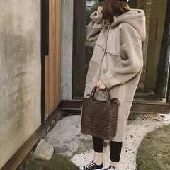 Korean female lamb cashmere coat autumn and winter BF all-match suede stitching loose hooded long sections of thick cotton padded clothes F Khaki grey