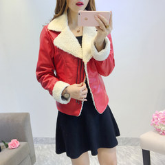 2017 new winter lamb hair stitching locomotive thickening and suede leather female Korean version of self cultivation Lapel short coat S gules