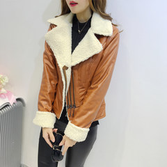 2017 new winter lamb hair stitching locomotive thickening and suede leather female Korean version of self cultivation Lapel short coat S Khaki
