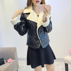 2017 new winter lamb hair stitching locomotive thickening and suede leather female Korean version of self cultivation Lapel short coat S black