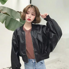 Autumn ladies Korean baseball uniform Pu BF loose all-match short leather leather jacket coat tide students F black