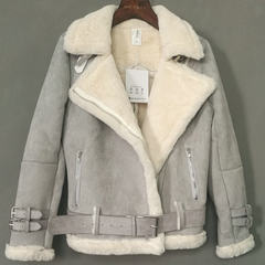 Winter suede coat female rabbit locomotive short fur Lapel velvet jacket with thickened Korean tide S gray