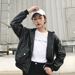 2017 autumn new Korean mosaic Hooded Jacket motorcycle leather jacket loose and long sleeve female students M black