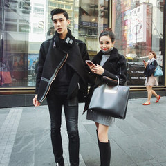 Korean black suede jacket loose hair short lamb motorcycle jacket coat and thickened autumn tide Lovers XS Picture black