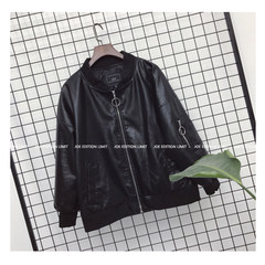 Ulzzang and 2017 new Korean female leather leather coat all-match Pu locomotive loose short jacket S black