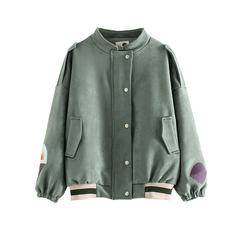 Miki agency / Japanese / murmur whispers all-match suede cloth embroidery coat collar loose student baseball uniform F green