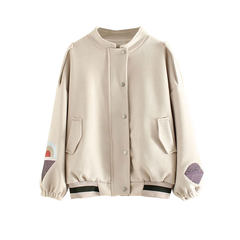 Miki agency / Japanese / murmur whispers all-match suede cloth embroidery coat collar loose student baseball uniform F Beige