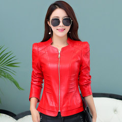 The spring and autumn of 2017 new Haining leather jacket slim female sheep leather jacket collar Leather Motorcycle 3XL gules