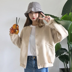 Autumn Korean women's Harajuku wind suede stitching loose and long sleeve baseball uniform student jacket casual jacket F Apricot