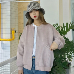 Autumn Korean women's Harajuku wind suede stitching loose and long sleeve baseball uniform student jacket casual jacket F Pink