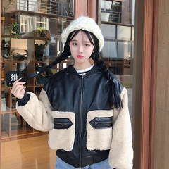 Autumn ladies loose Korean lamb wool jacket thick mosaic PU short baseball uniform leather casual jacket F Khaki