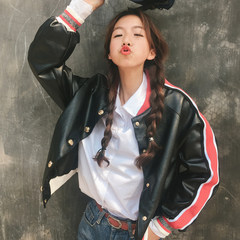 Autumn and winter women's wear Korean BF loose letter color matching baseball dress PU Leather Motorcycle Leather short jacket jacket tide F black