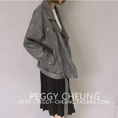 Hong Kong style motorcycle jacket lapel thick autumn Korean female neutral matte PU loose all-match leather jacket S gray